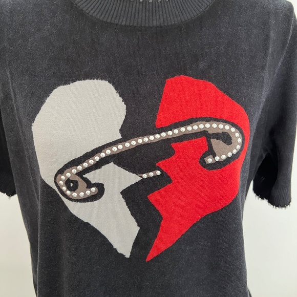 Minnie Rose Black Broken Heart Cotton Cashmere Frayed Short Sleeve Top Sweater - Picture 3 of 7